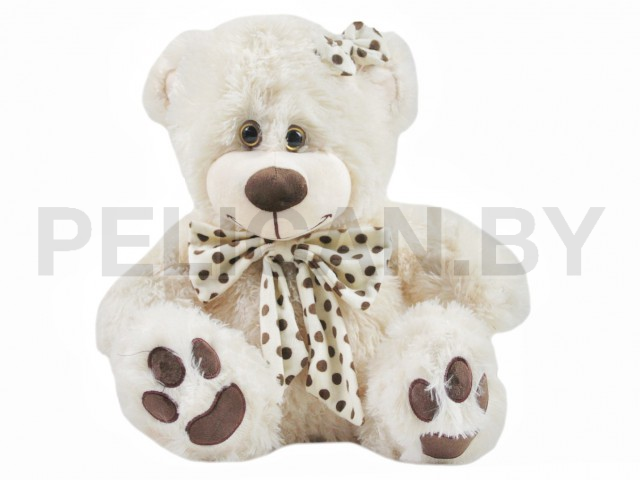 МИШКА КРЕМОВАЯ С БАНТОМ В ГОРОХ